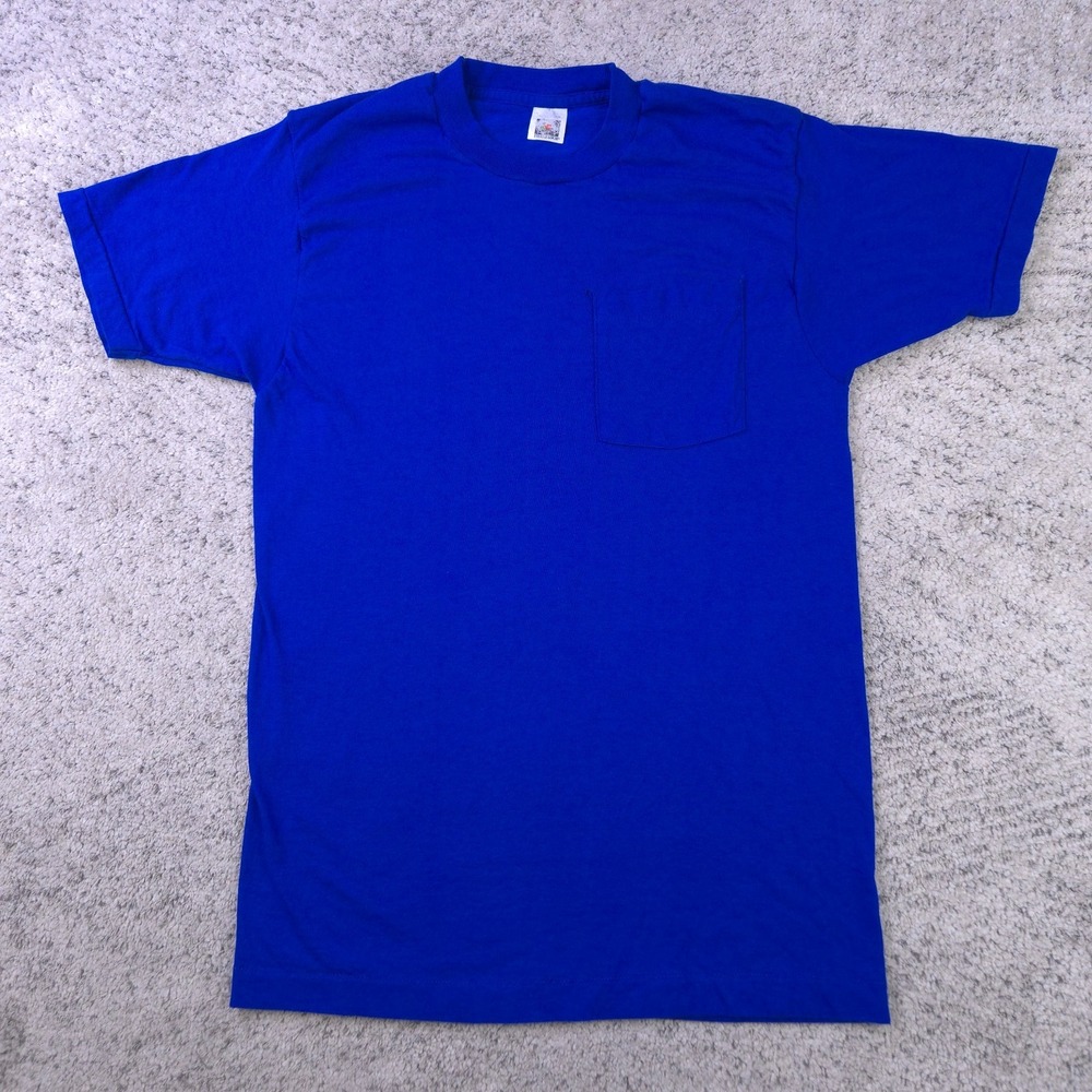 VTG Fruit Of The Loom T-Shirt Mens Small Single Stitch Pocket Royal Blue USA